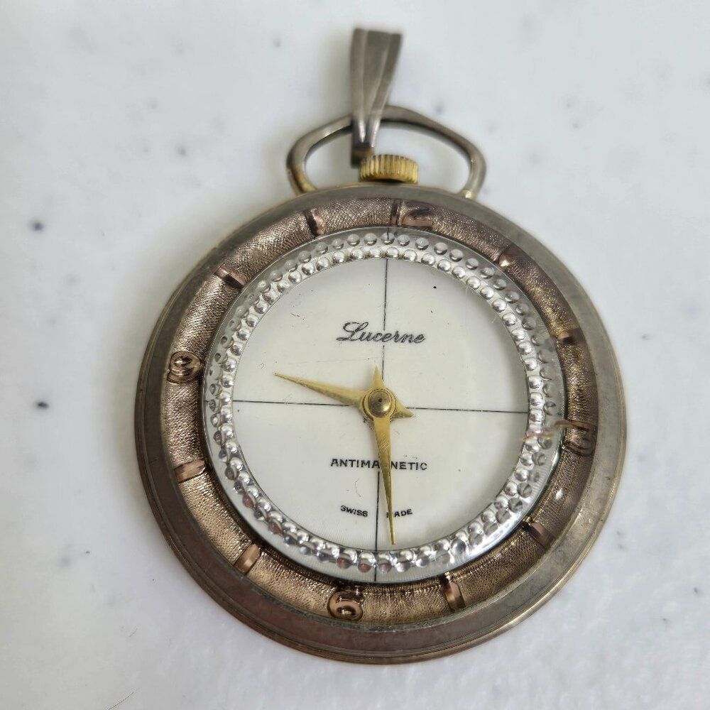 Vintage Lucerne Swiss Made Pendant Pocket Watch Antimagnetic Silver Gold Tone